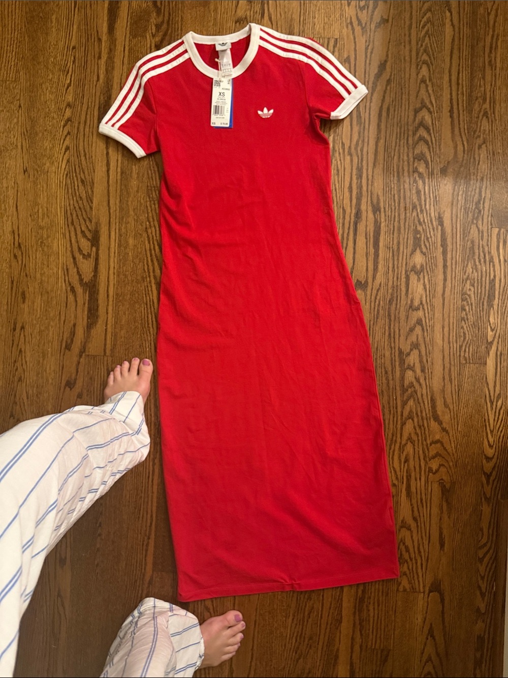 adidas Red Short-Sleeve Maxi Dress with White Three-Stripes